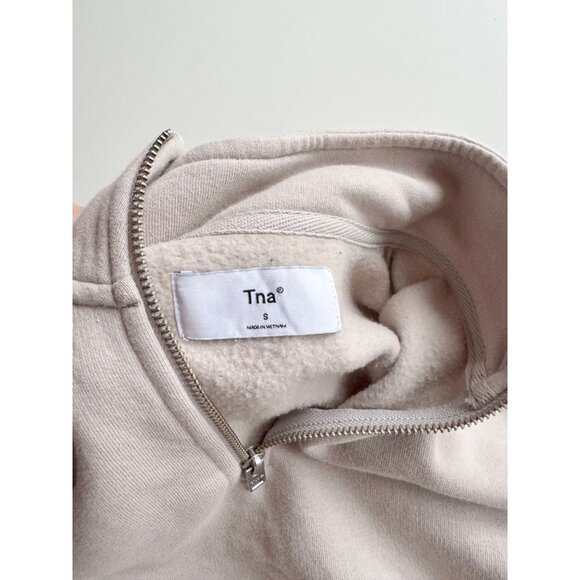 Aritzia TNA Cozy Fleece Beige Cotton 1/4 Zip Perfect Cropped Sweatshirt, Size S - Picture 10 of 16